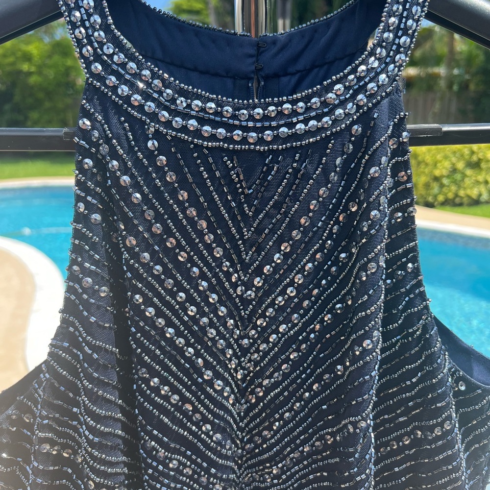 Adrianna Papell Navy Blue Beaded Gown | Size 8 US | Elegant & Timeless
